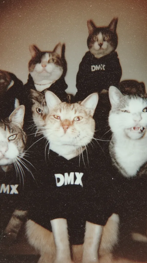 Five cats are dressed in black hoodies with "DMX" printed on them.  The cats are various breeds and colors, some appear to be tabby, calico, and white. They are posed closely together, creating a humorous and slightly menacing group portrait.  The image has a vintage or retro feel, reminiscent of an old photograph.