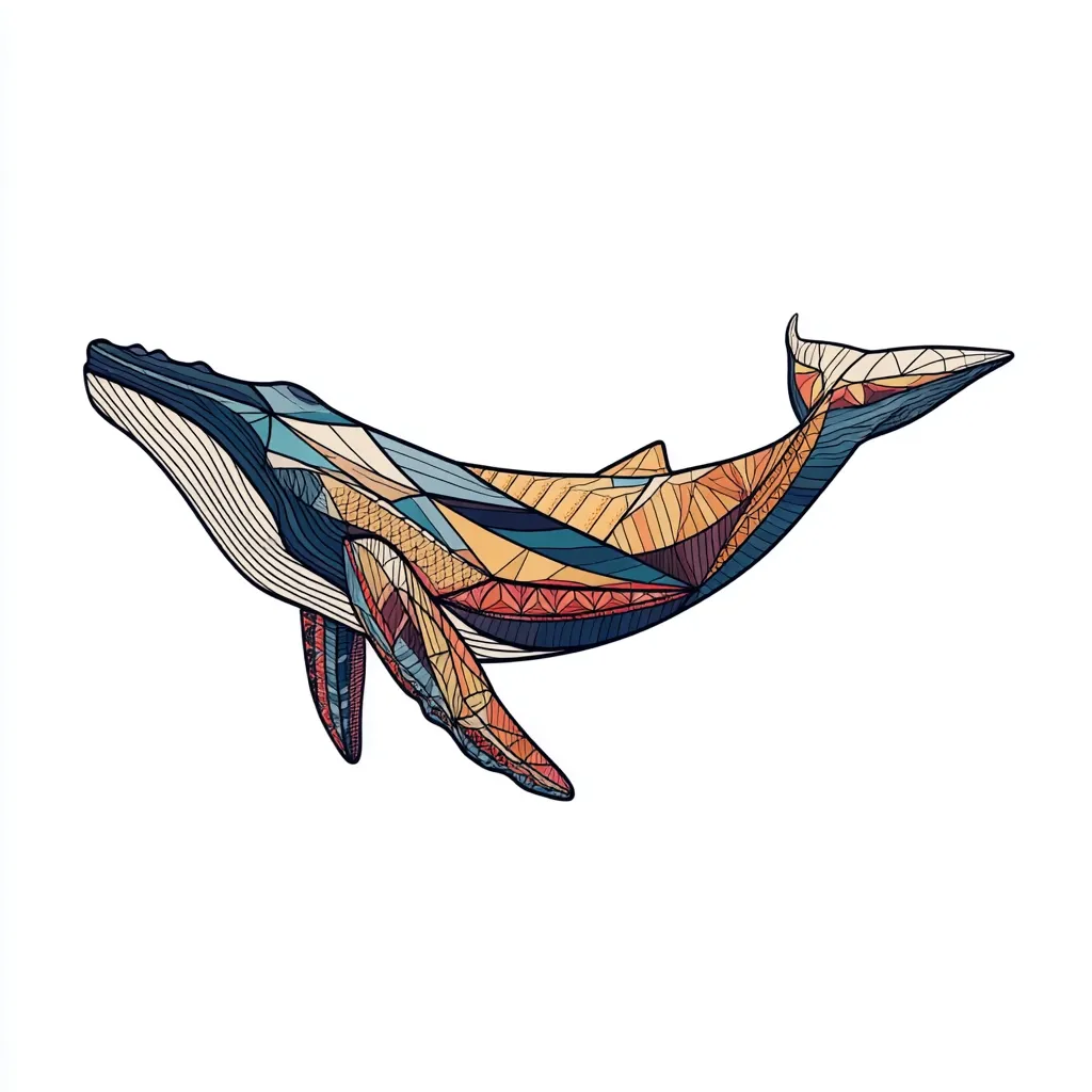A stylized illustration of a humpback whale, rendered in a vibrant geometric pattern.  The whale's body is composed of interlocking shapes and lines in shades of blue, orange, and brown, creating a mosaic-like effect.  The intricate design gives the whale a textured and almost tribal appearance, set against a plain white background.