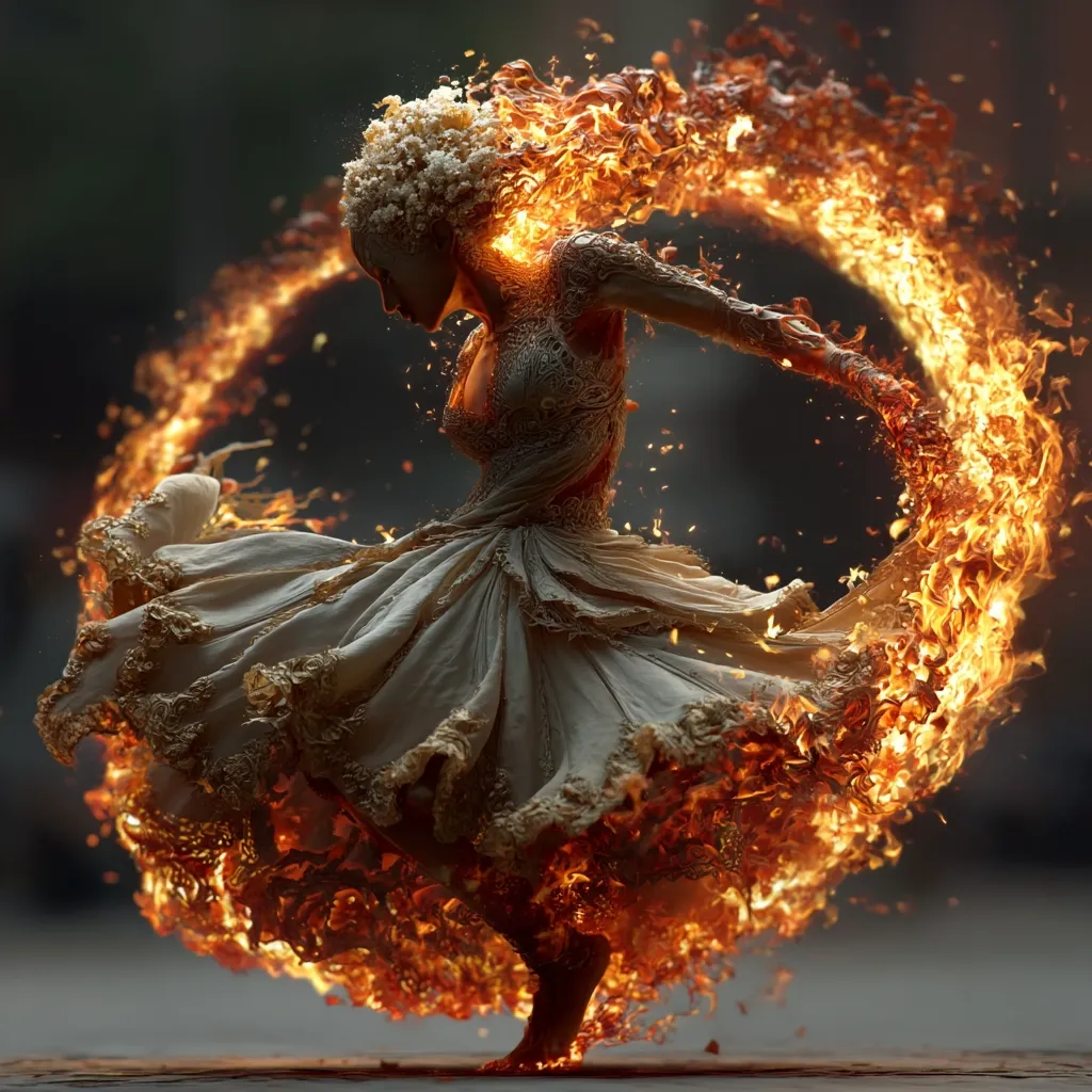 A woman in a flowing, ornate gown is depicted in a dynamic pose, seemingly engulfed in flames.  The fire forms a swirling ring around her, emanating from her hair and the hem of her dress.  Her expression is serene despite the fiery spectacle. The image is surreal and dramatic, possibly representing strength, transformation, or a powerful feminine energy.