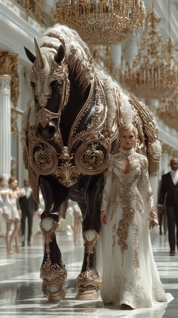 A regal black horse, adorned in ornate gold and white harness, stands majestically in a grand palace hall.  A woman in an equally opulent, cream-colored gown with gold embroidery stands beside it.  The scene is filled with luxurious details, including elaborate chandeliers and marble floors, creating a dreamlike atmosphere of wealth and elegance.  Other figures are faintly visible in the background, adding to the grandeur of the setting.