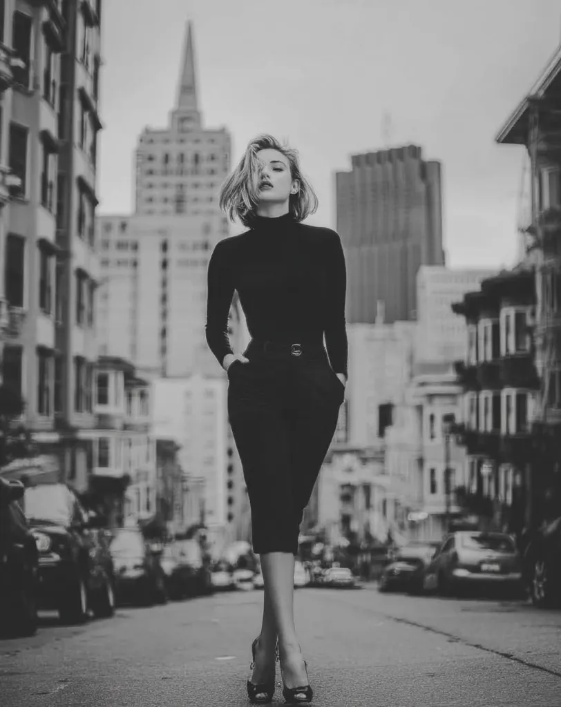 A stylish woman with short blonde hair walks down a city street.  She's dressed in a black turtleneck and high-waisted, cropped trousers.  The monochromatic image emphasizes the contrast between her sharp outfit and the blurred background of vintage-style city buildings.  Her confident posture and the urban setting create a striking and sophisticated scene.