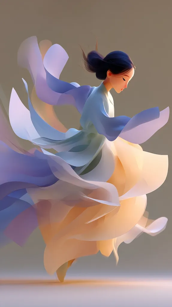 A stylized digital painting depicts a young woman in a flowing, pastel-colored gown.  Her dark hair is pulled back, and she appears serene, her head slightly bowed. The fabric of her dress billows dramatically around her, creating a sense of movement and ethereal lightness.  The overall palette is soft and dreamy, with muted blues, purples, and peaches dominating.  The style is reminiscent of animation or concept art.