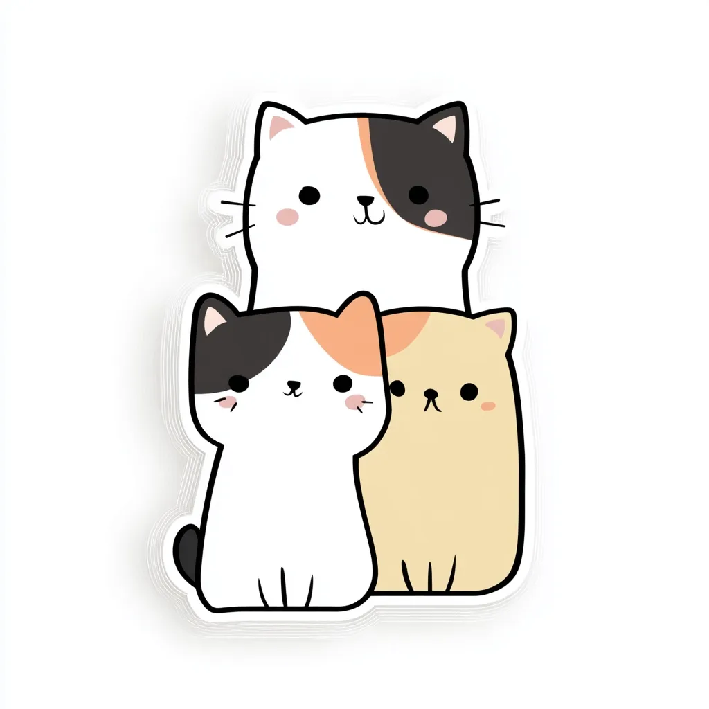 A stack of three adorable cartoon cats, each with distinct color patterns.  The top cat is predominantly white with black markings, while the bottom two are calico and cream-colored.  They have large, expressive eyes and simple, charming features, suggesting a cute and friendly aesthetic. The image is a sticker design featuring these charming feline companions.