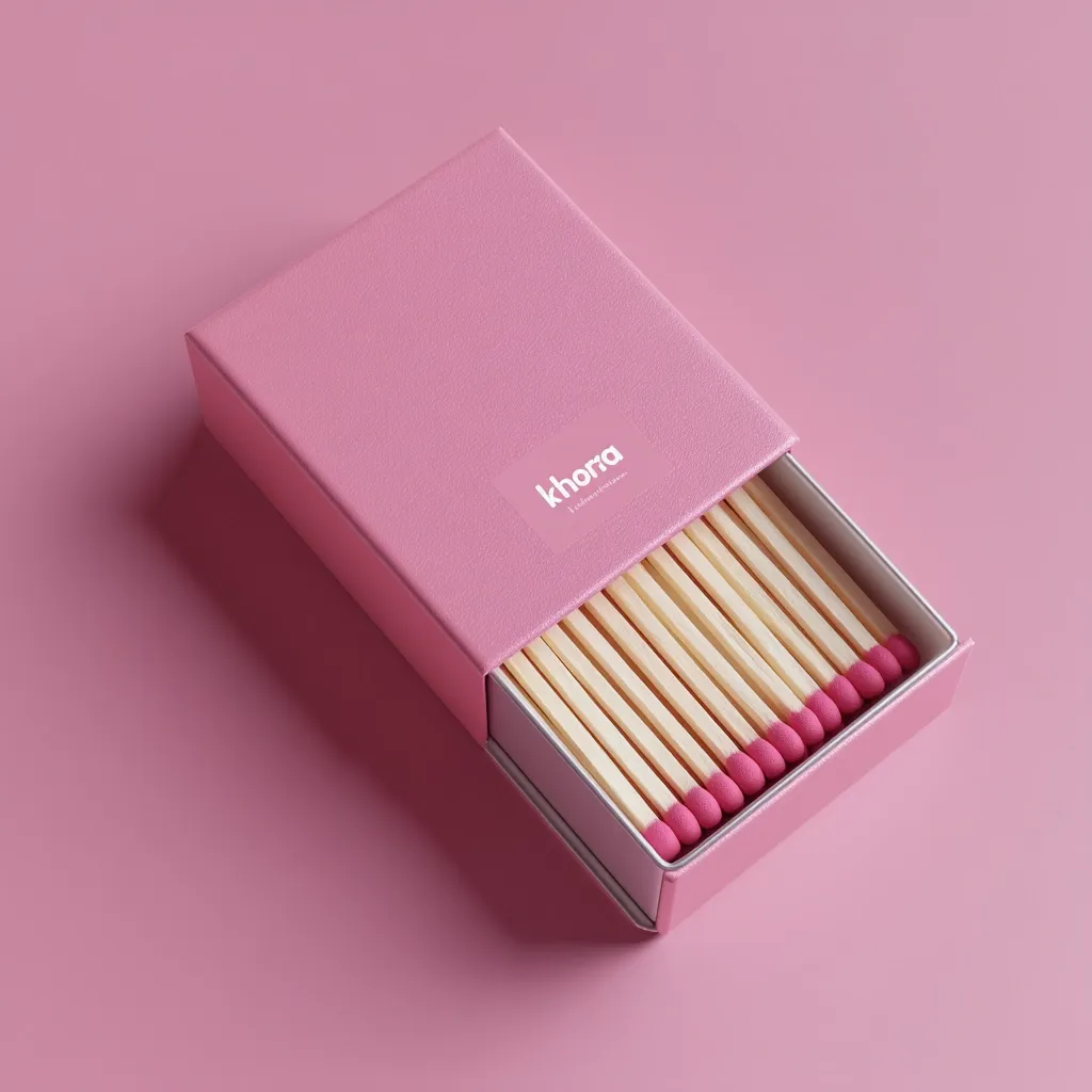 A pink matchbox, branded "khora," sits on a pink surface.  The box is slightly open, revealing a row of matches with pink tips. The minimalist design emphasizes the clean lines and soft pink color palette. The image suggests a sophisticated and aesthetically pleasing product.