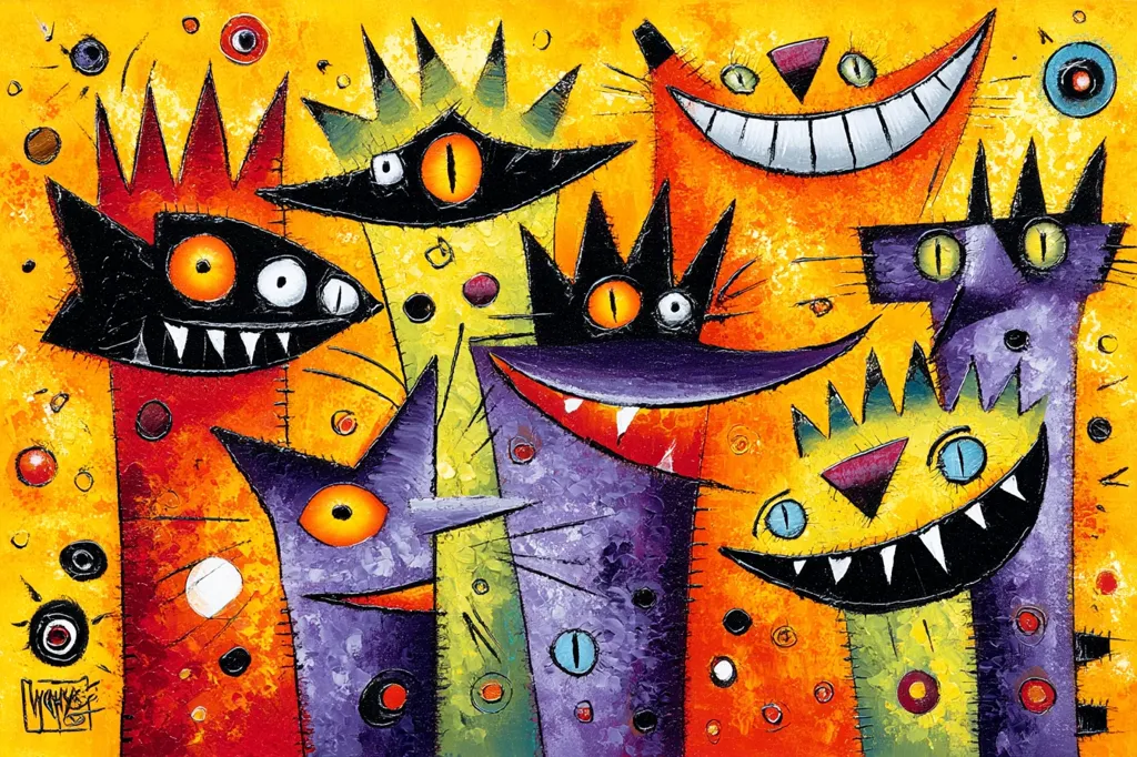 A vibrant, abstract painting depicts a group of stylized cats.  Their forms are exaggerated, with large eyes, sharp teeth, and spiky fur.  Bold colors—orange, purple, yellow, and black—dominate the canvas, creating a playful and slightly mischievous mood.  The background is a textured yellow, scattered with small circles. The overall style is expressive and energetic.