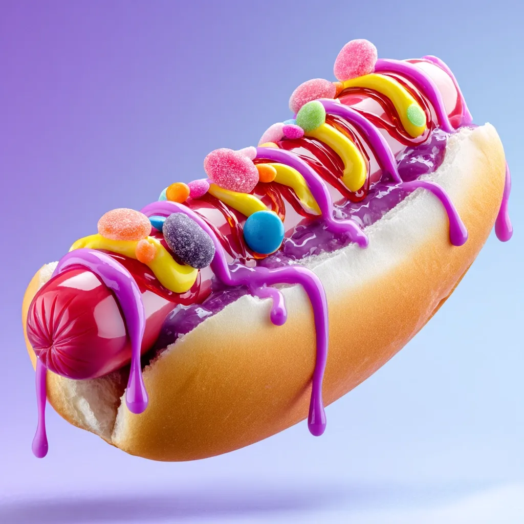 A vibrant hot dog, seemingly defying gravity, is lavishly adorned with colorful candies, purple and yellow drizzled sauces.  The glossy, candy-like hot dog rests in a soft bun, with vibrant purple sauce dripping dramatically.  The overall effect is a surreal, playful image of an intensely sweet and whimsical treat.