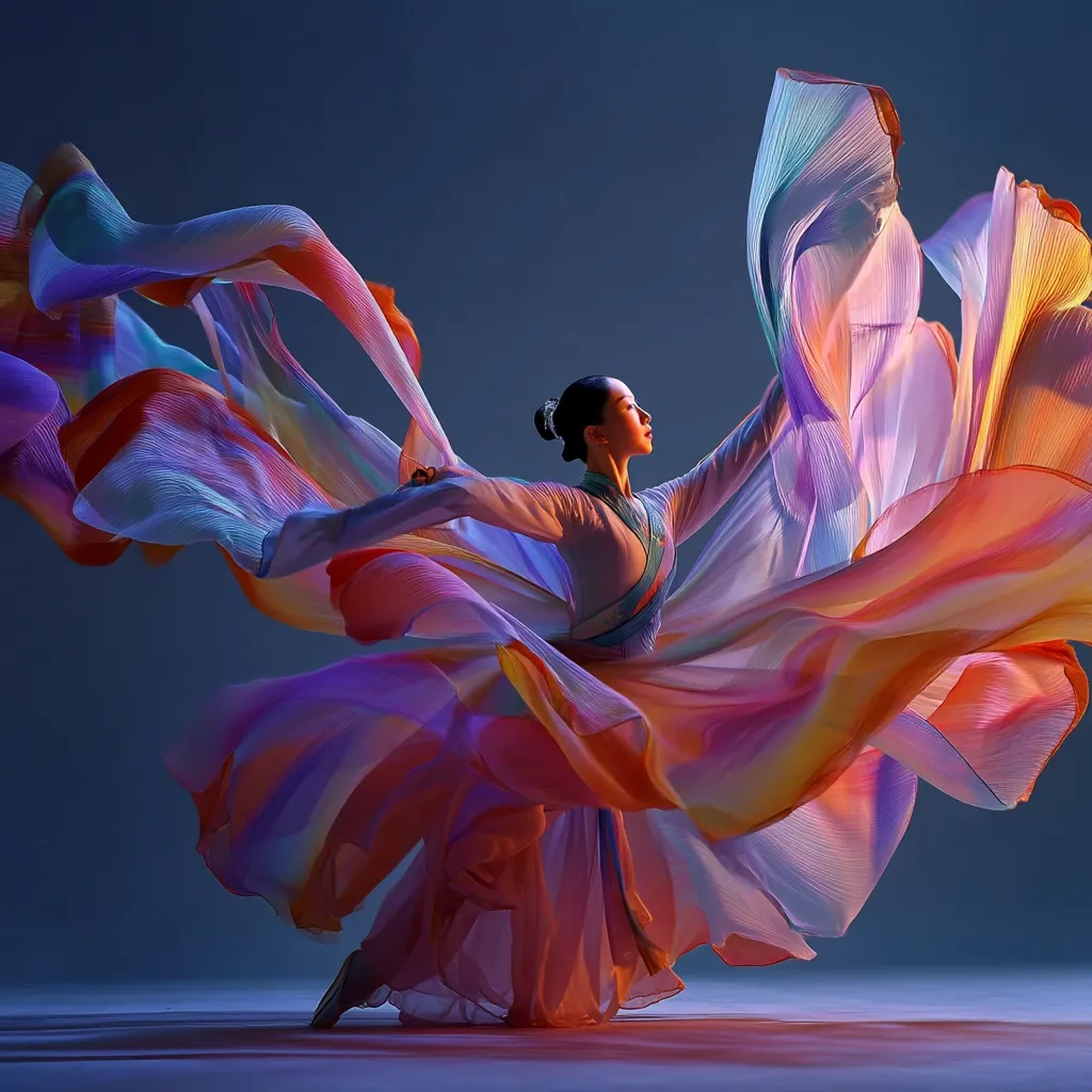A female dancer gracefully moves, her flowing, multicolored robe billowing around her like a vibrant cloud.  The fabric's iridescent hues shift in the dramatic lighting, creating a sense of ethereal motion.  Her poised posture and elegant attire suggest a performance of traditional Asian dance. The background is a deep, moody blue, enhancing the vibrancy of the costume and the dancer's dynamic pose.