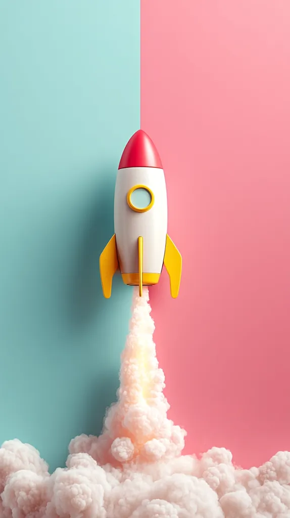 A stylized rocket, predominantly white with red and yellow accents, ascends against a backdrop split between pastel blue and pink.  The rocket emits a plume of light-colored smoke, creating a dynamic visual of launch and progress. The image is simple yet impactful, suggesting themes of innovation, growth, and new beginnings.