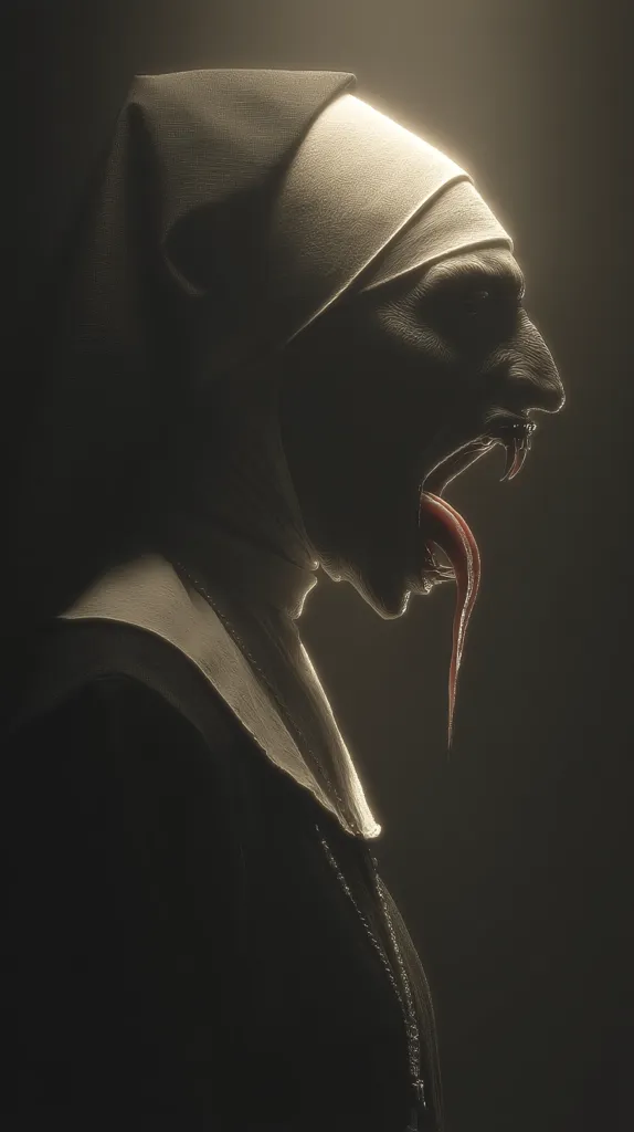 A sinister digital artwork depicts a nun in profile, her face monstrously contorted.  A long, reptilian tongue protrudes from her open mouth, revealing sharp fangs.  The nun's habit is illuminated from behind, casting a dramatic shadow and highlighting the disturbing transformation. The overall atmosphere is dark and unsettling, evoking a sense of horror.