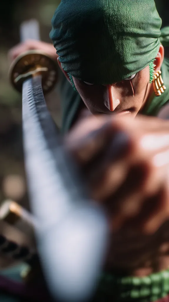 A close-up shot focuses on Roronoa Zoro from One Piece, his green bandana partially obscuring his intense gaze.  He grips his katana, the blade sharply in focus, contrasting with the blurred background and foreground, emphasizing the weapon and Zoro's determined expression.  The image conveys a sense of action and imminent confrontation.