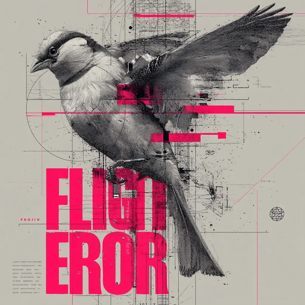A stylized bird, rendered in grayscale, dominates a poster titled "Flight Error."  Overlapping the bird is a vibrant pink text overlay, creating a sense of motion and disruption.  Geometric lines and technical diagrams in muted grays suggest a digital or mechanical context, juxtaposing the organic form of the bird with abstract design elements.  The overall aesthetic is a blend of nature and technology, creating a visually striking and thought-provoking composition.