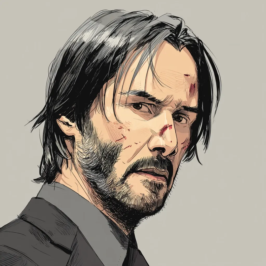 A stylized illustration depicts Keanu Reeves, his face bearing several scratches.  He has dark, slightly messy hair, a goatee, and is dressed in a dark suit. His expression is serious and intense, conveying a sense of weariness and determination. The drawing style is reminiscent of comic book art, with bold lines and shading.