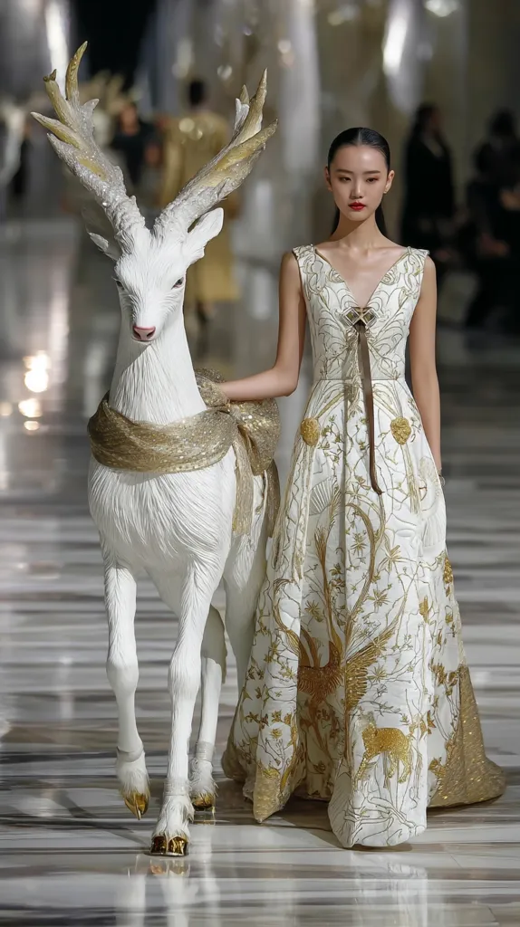 A fashion model walks a runway, gracefully accompanied by a sculpted white deer with gold antlers.  She wears an elegant, floor-length ivory gown adorned with gold embroidery depicting birds and floral patterns. The gown's V-neckline and fitted bodice contrast with its flowing skirt. The overall aesthetic is one of refined luxury and ethereal beauty.
