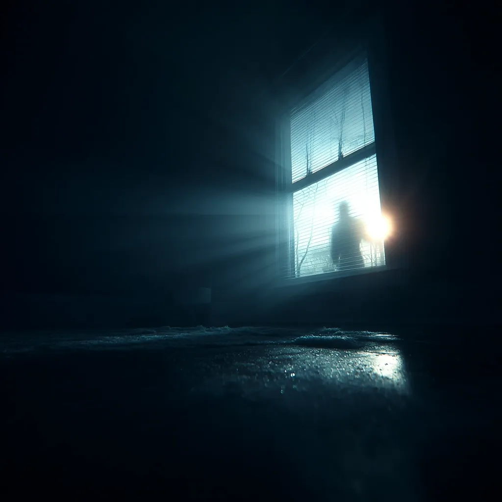 A dark room is illuminated by sunlight streaming through a window.  A shadowy figure is silhouetted against the bright light outside, creating an eerie and mysterious atmosphere.  Dust motes dance in the sunbeams, adding to the sense of quiet and suspense. The overall mood is somber and slightly unsettling.