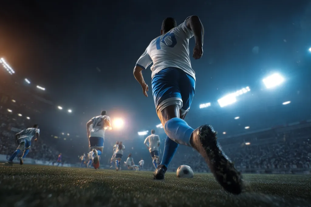 A soccer player sprints down the field, the bright stadium lights illuminating the scene.  He's in the foreground, his back to the camera, focusing on the goal. Other players are visible in the background, blurred by motion, and a large crowd fills the stands.  The atmosphere is intense and dynamic, capturing the energy of a professional soccer match.