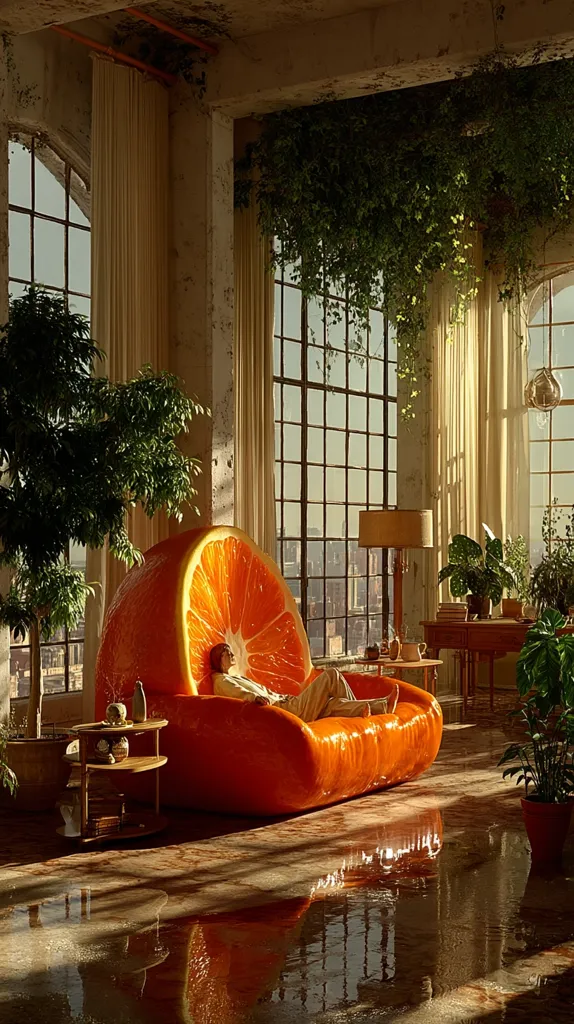 A person reclines on a giant orange-shaped sofa in a sunlit, plant-filled loft apartment.  Large windows offer a cityscape view. The room is stylishly decorated with plants, a side table, and a lamp.  The floor is wet, reflecting the room's contents.  The overall atmosphere is surreal and tranquil. The orange sofa is the striking centerpiece of the image.