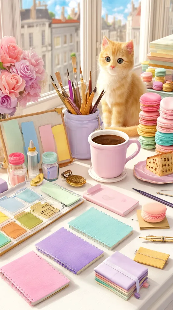 A pastel-colored workspace features a ginger kitten, a mug of coffee, and an array of stationery.  Pastel-colored notebooks, paintbrushes in a jar, macarons, and other art supplies are neatly arranged on a white table.  A bouquet of pastel roses sits in a vase, adding to the soft, aesthetically pleasing scene.  The window behind shows a charming cityscape.