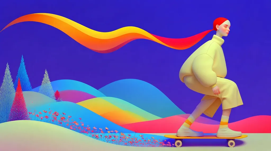 A stylized 3D rendering depicts a person with vibrant red hair flowing behind them like a colorful ribbon, skateboarding across a landscape of pastel hills and colorful flora.  The skater is dressed in a pale yellow outfit, and the scene is rendered in bright, saturated colors, creating a playful and surreal atmosphere.  The overall impression is one of vibrant energy and youthful freedom.