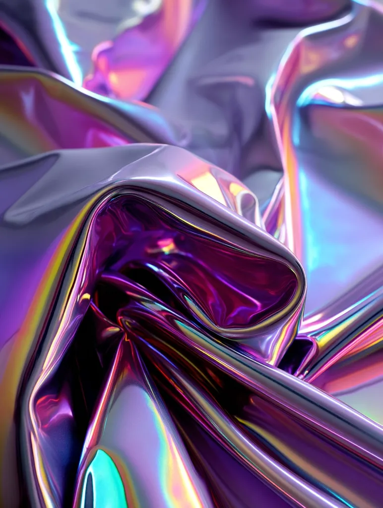 An abstract close-up showcases iridescent fabric draped in flowing folds.  The material's surface reflects a spectrum of vibrant purple, pink, and teal hues, creating a glossy, almost liquid-like effect.  The folds and curves of the fabric suggest movement and fluidity, resulting in a visually captivating and otherworldly aesthetic.  The intense color saturation and sheen are striking.