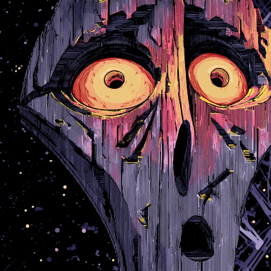 A stylized illustration depicts a distressed, wooden-like face against a dark, speckled background.  Large, wide eyes with orange-yellow irises convey fear or surprise. The face appears cracked and weathered, with vertical lines suggesting wood grain or texture. The open mouth adds to the expression of alarm or shock. The overall style is reminiscent of a horror or fantasy aesthetic.