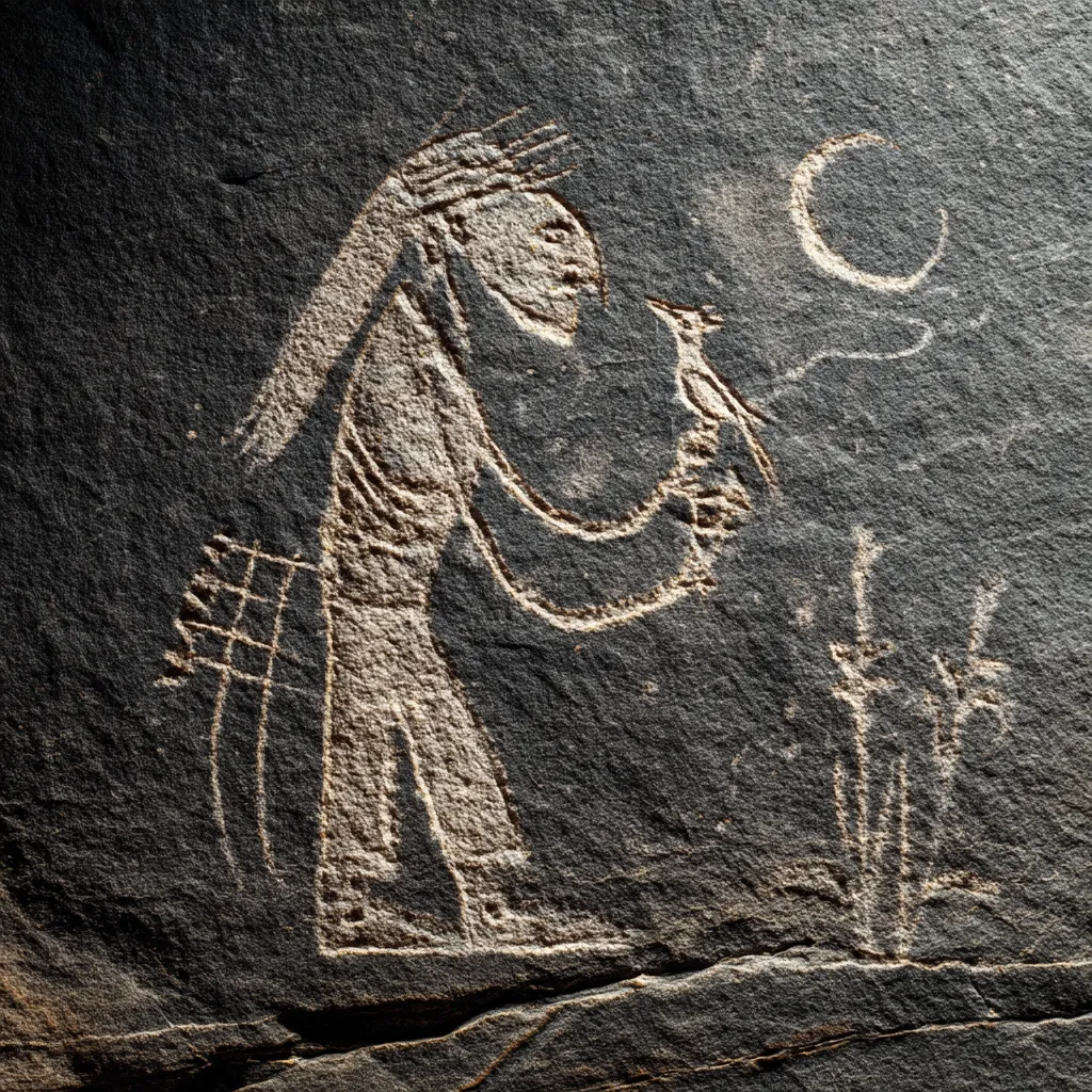 A petroglyph depicts a figure, possibly a shaman, interacting with a bird under a crescent moon.  The figure's attire suggests cultural significance.  Linear markings, possibly representing plants or tools, are also etched into the dark stone. The style suggests an ancient culture’s artistic expression, potentially relating to spiritual beliefs or rituals.  The weathered stone adds to the antiquity of the image.