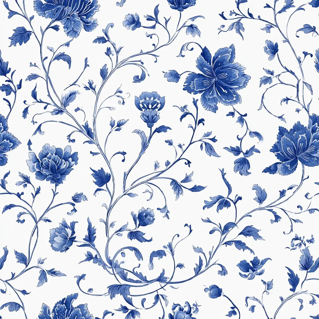 A seamless pattern showcases a delicate watercolor design.  Blue floral motifs, reminiscent of chinoiserie style, intertwine on a crisp white background.  Intricate, swirling stems support blossoms of varying sizes, creating a sense of elegance and fluidity. The overall effect is both romantic and refined.