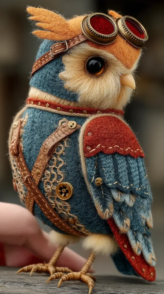 A meticulously crafted felt owl figurine, adorned in steampunk-inspired attire.  It sports goggles, a tailored coat of blue and red felt, intricate leather straps, and golden claw-like feet.  The owl's expression is endearing, and the overall artistry showcases exceptional detail and craftsmanship. The piece evokes a sense of whimsical adventure and imaginative storytelling.