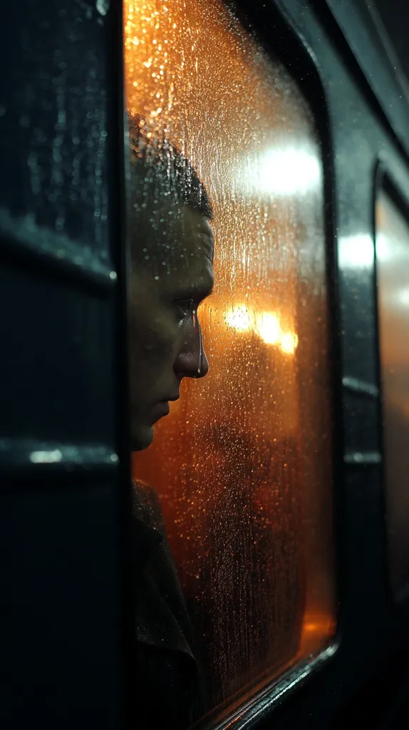 A man's profile is seen through a rain-streaked window of a train or bus.  Warm, blurred lights illuminate the scene from outside, contrasting with the dark interior.  The man appears pensive, his face partially obscured by the water droplets.  The overall mood is melancholic and atmospheric.