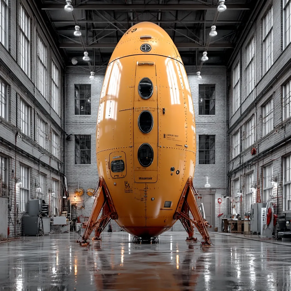 A large, egg-shaped spacecraft, painted bright orange, stands in a spacious, industrial hangar.  Its surface displays rivets and several small, round portholes.  The spacecraft rests on a three-legged landing gear, reflecting the hangar's polished floor. The building's gray brick walls and high ceilings emphasize the vessel's size and futuristic design.  The scene suggests a moment of preparation or post-mission inspection.