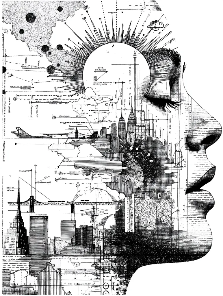 A black and white illustration depicts a stylized profile of a person's head overlaid with intricate technical drawings and cityscapes.  The image blends architectural blueprints, maps, and technological schematics with the human form, suggesting a connection between human thought, technology, and urban environments.  The style is detailed and complex, resembling a technical drawing or blueprint, yet with artistic expression in its composition.  A sunburst effect radiates from the brain area, symbolizing ideas or innovation.