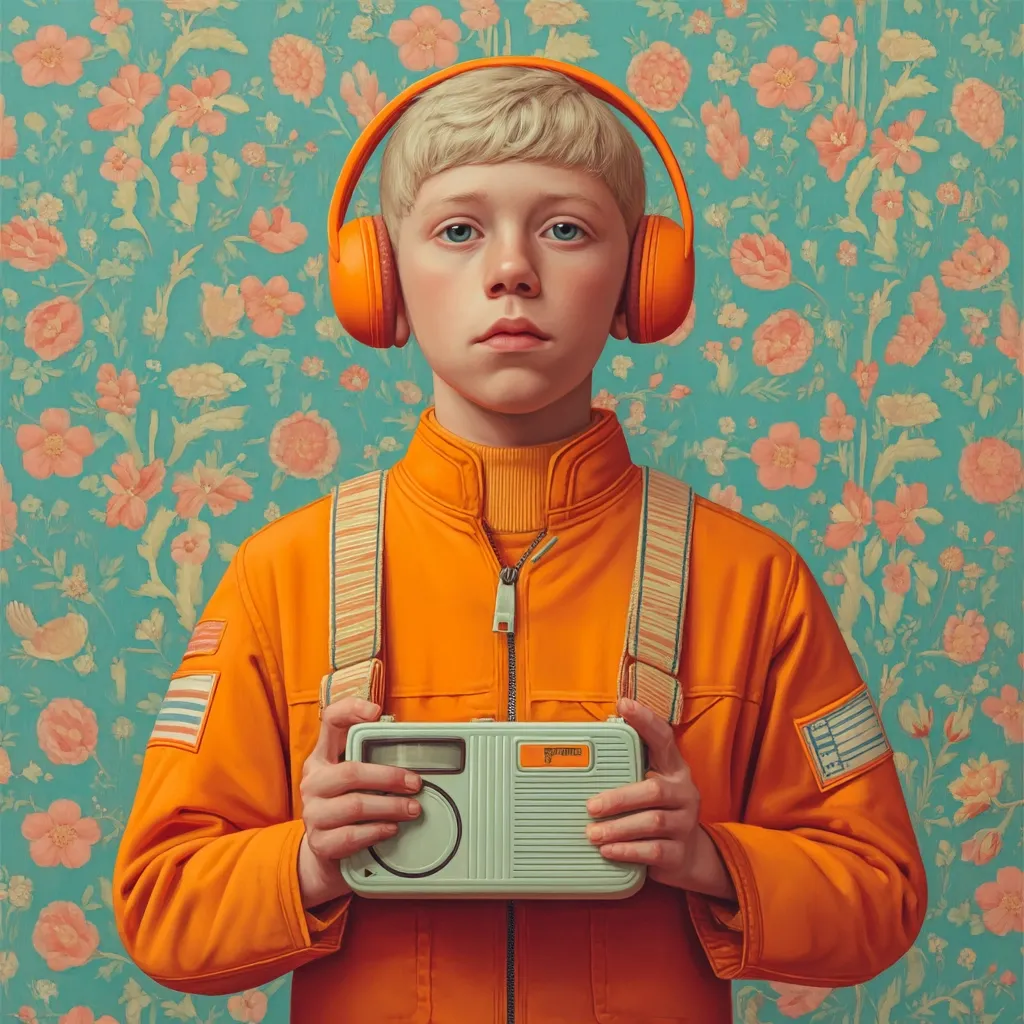 A hyperrealistic portrait of a young boy, possibly an astronaut, wearing an orange jumpsuit and large orange headphones. He holds a vintage light-green radio.  The background features a teal floral wallpaper with pink and peach flowers. The overall aesthetic is retro and slightly surreal. The boy's expression is serious and contemplative.