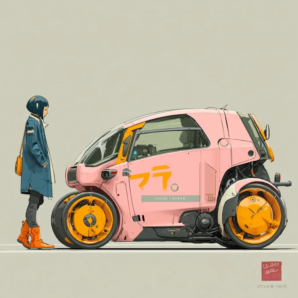 A stylish, futuristic pink vehicle with large orange wheels is depicted in a digital illustration.  A young woman with blue hair stands beside it, seemingly observing the car. The vehicle's design is sleek and compact, suggestive of a personal transport pod. The overall aesthetic blends elements of science fiction and anime styles.  The scene is set against a muted beige background, emphasizing the vehicle and its unique features.