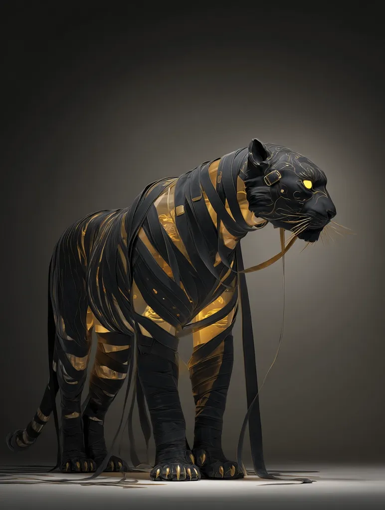 A digital rendering depicts a black tiger-like creature, its body seemingly wrapped in layers of dark, almost mummified fabric.  Golden accents highlight the wrappings and glow subtly from within, suggesting an internal light source.  The creature stands with a regal bearing against a muted gray background, its sharp claws and piercing yellow eyes adding to its mystique. The image is stylized and artistic, blending elements of fantasy and realism.