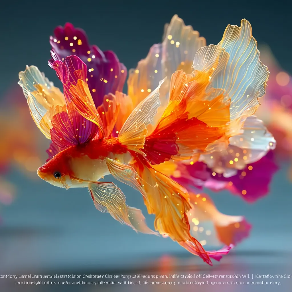 A vibrant, digitally enhanced image showcases a betta fish, its fins resembling delicate, translucent petals in shades of orange, pink, and purple.  Glimmering particles add a magical quality, creating an ethereal underwater scene. The fish's body is a rich orange, contrasting beautifully with the iridescent fins. The overall effect is one of fantasy and elegance.