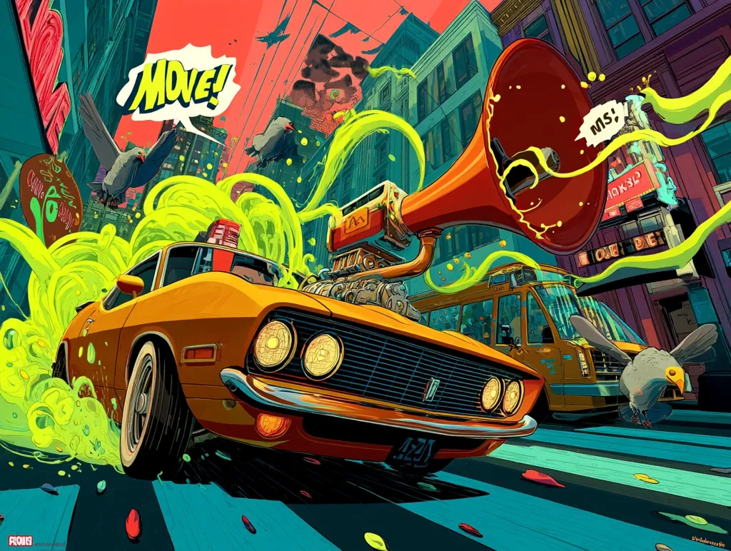 A vibrant, stylized illustration depicts a speeding orange muscle car amidst a bustling city street scene.  A giant red megaphone blasts "MOVE!"  Surrounding the car are swirling green fumes, pigeons in flight, and a yellow school bus.  The artwork is highly saturated and features bold lines, creating a dynamic, energetic composition.  Buildings with eye-catching signage add to the urban chaos.