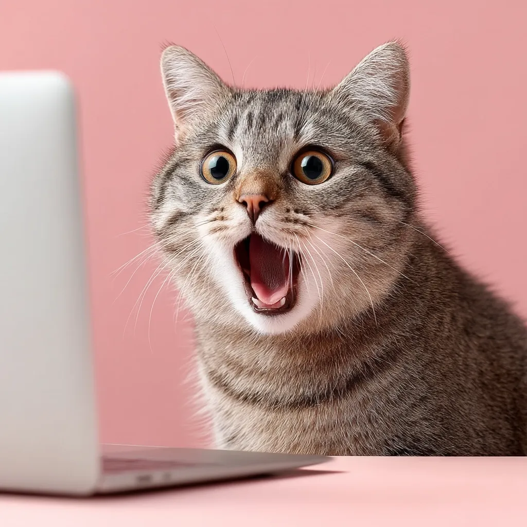 A grey tabby cat sits in front of a laptop computer with its mouth wide open in a surprised or shocked expression.  Its large eyes are wide, and its whiskers are prominent. The cat is the focal point against a soft pink background. The overall image is humorous and playful.