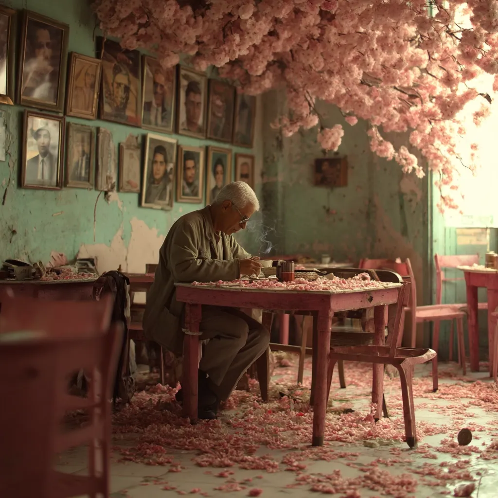 An elderly man sits alone at a small pink table in a quaint cafe, adorned with framed portraits and a ceiling covered in delicate pink blossoms.  He appears to be enjoying a cup of tea amidst a floor scattered with fallen petals, creating a serene and slightly melancholic atmosphere.  The cafe's worn walls and simple furnishings add to its unique charm.