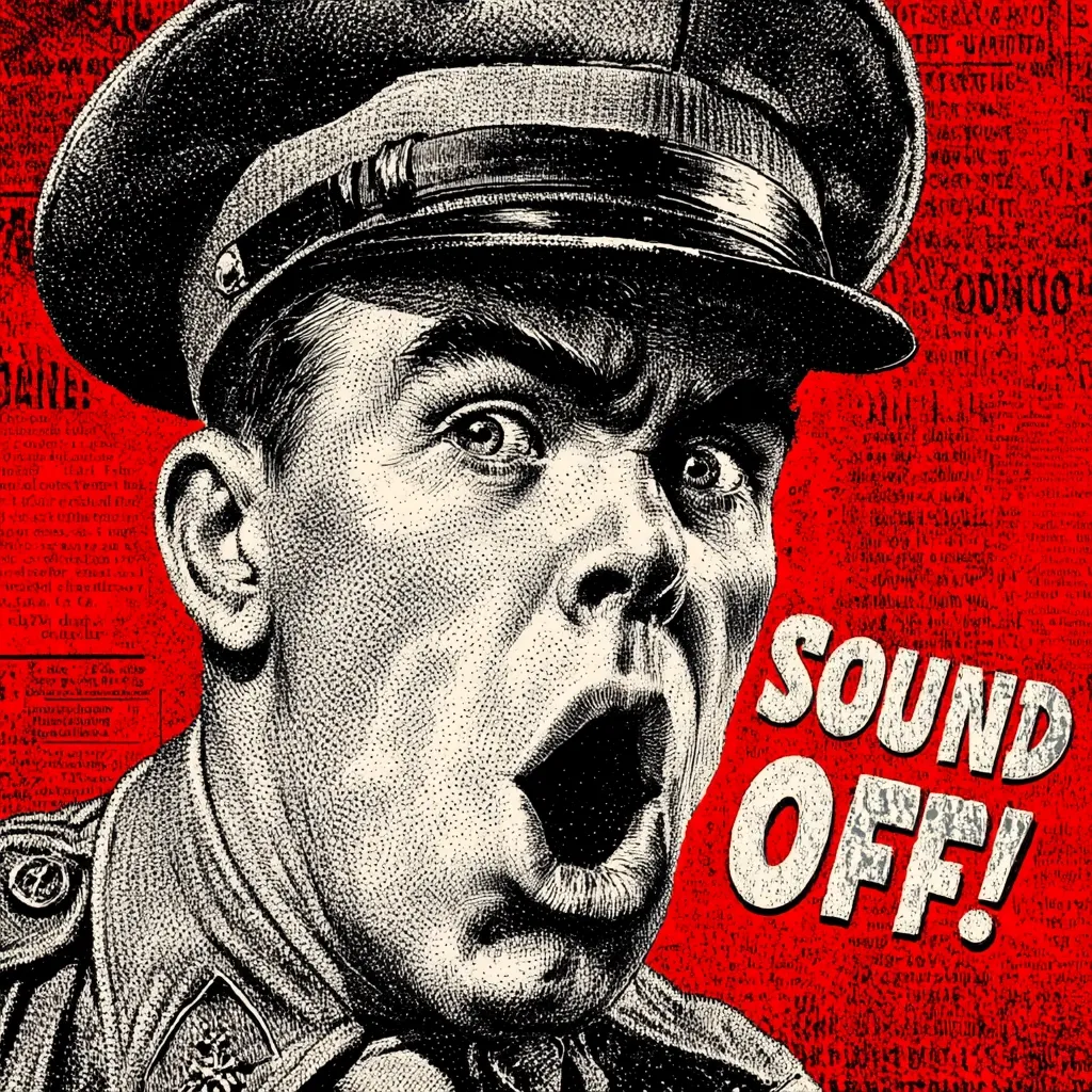 A black and white stipple illustration of a man in a military cap, his mouth agape in shock or surprise.  The words "SOUND OFF!" are boldly displayed in white, distressed lettering against a red background patterned with indistinct newspaper print. The image evokes a sense of urgency and strong emotion. The style is reminiscent of vintage propaganda posters or wartime imagery.