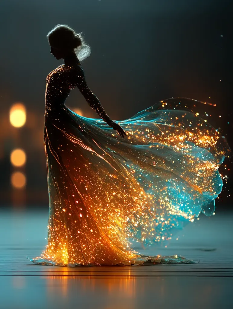A silhouetted woman in a long, flowing gown is depicted against a blurred background of warm lights.  Her dress is adorned with shimmering, golden and teal sparkles, creating a magical, ethereal effect. The pose and the glittering fabric suggest movement and grace, evoking a sense of fantasy and wonder.  The overall mood is dreamy and romantic.