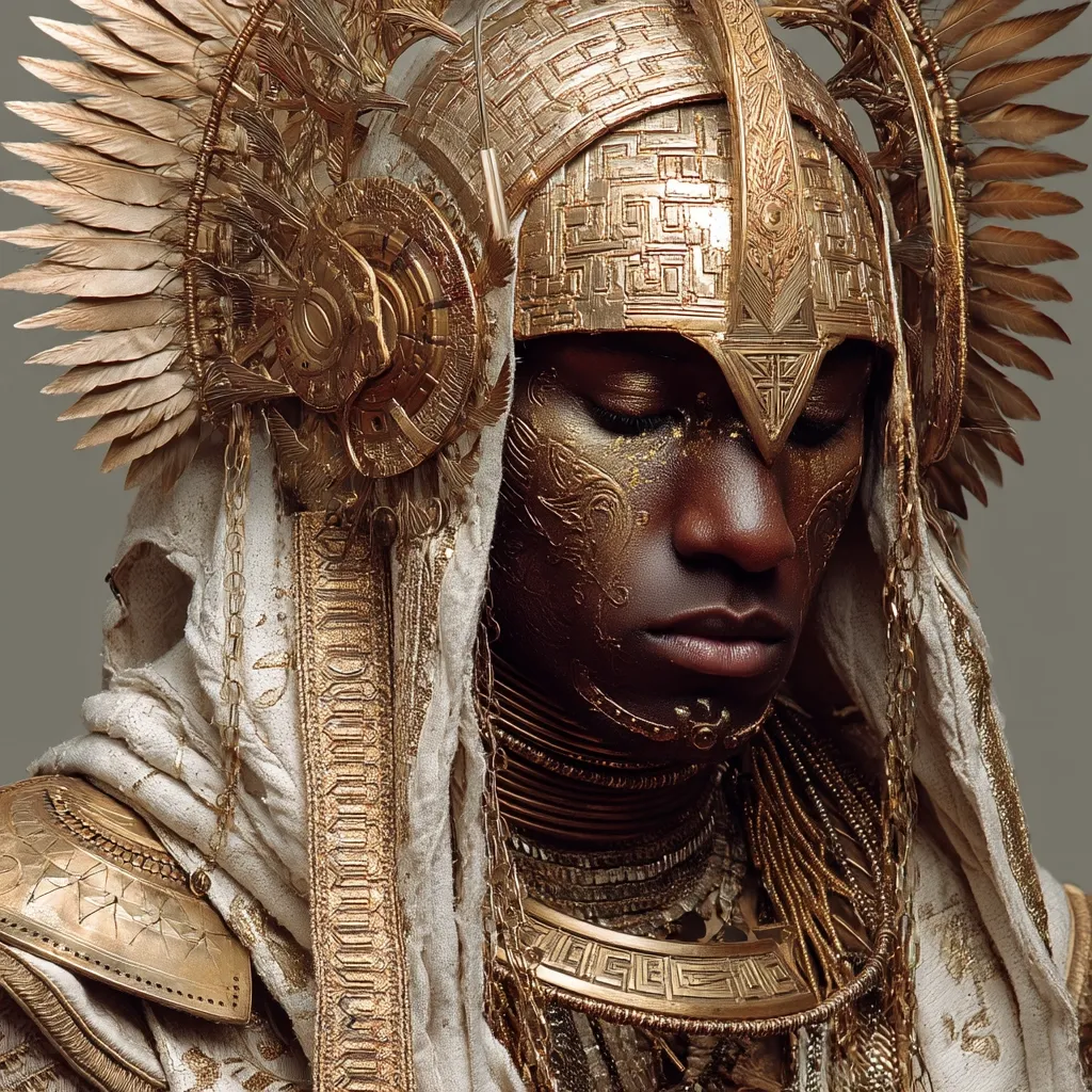 A close-up depicts a person of color adorned in elaborate gold headwear and jewelry. The intricate headdress features golden wings and geometric patterns, while the person's face is painted with gold accents.  Layered necklaces and shoulder pieces complete the opulent, almost regal, ensemble. The overall aesthetic is one of fantasy or high fashion, with a strong emphasis on rich metallic textures and symbolic design.