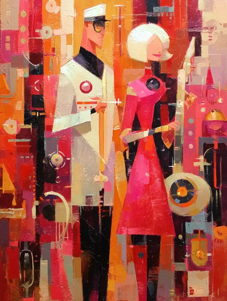 A stylized oil painting depicts a man and woman in a vibrant, geometric setting.  The man, in a white coat and captain's hat, holds a syringe. The woman, with short white hair, wears a crimson dress.  Bold, contrasting colors—reds, oranges, and blacks—dominate the abstract background, suggesting a futuristic or technological environment.  The figures' simplified forms and the fragmented background create a bold, expressive image.