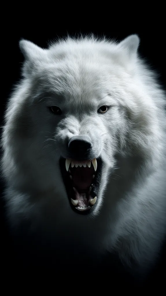A majestic arctic wolf, its fur a pristine white, is captured in a dramatic close-up.  Its mouth is open in a ferocious snarl, revealing sharp teeth against the dark background. The image emphasizes the wolf's intense gaze and powerful presence, a stark contrast between the animal's bright fur and the deep black backdrop.  The lighting highlights the texture of the fur and the details of the wolf's face.
