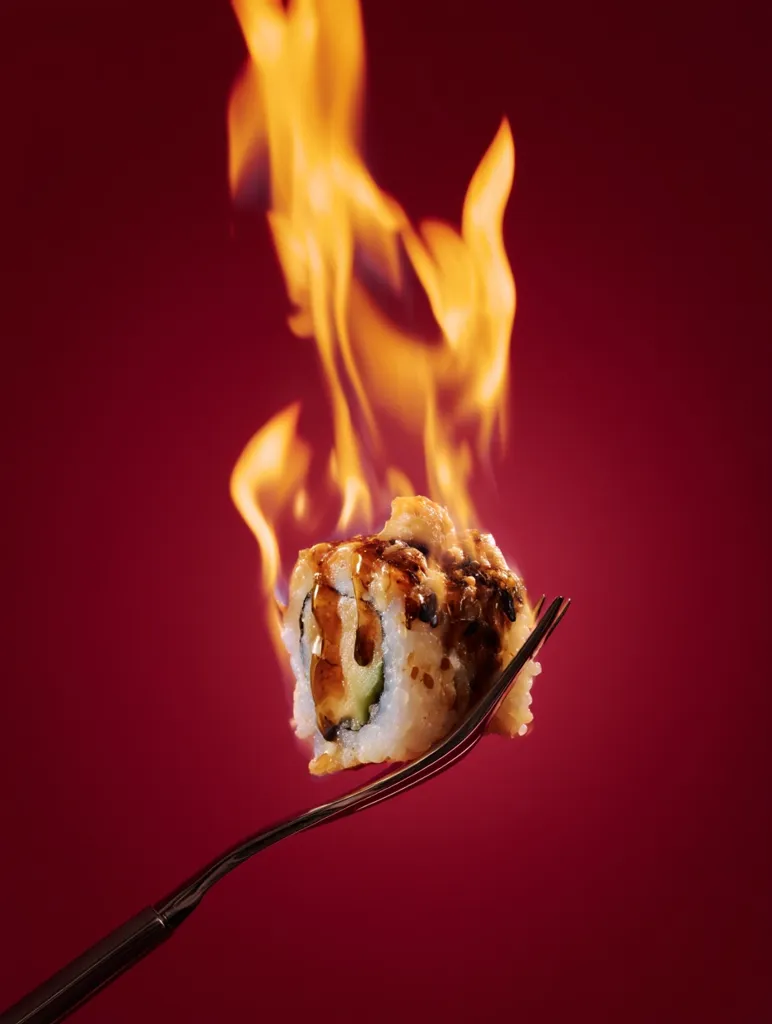 A single piece of sushi, seemingly flambéed, is delicately held aloft on a fork against a deep crimson backdrop.  The flames dance around the sushi, highlighting its glistening, glazed surface.  The rich color contrast between the fiery orange flames and the dark red background accentuates the sushi's texture and appetizing appearance.  The image suggests a sense of culinary artistry and excitement.