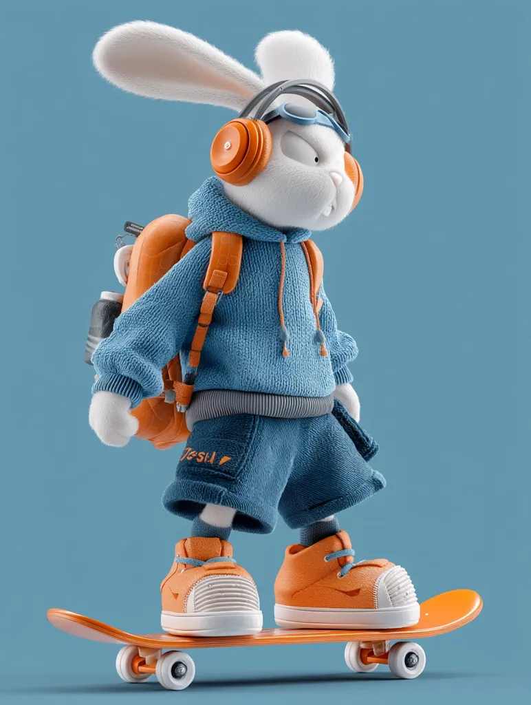 A cool 3D-rendered rabbit, wearing a blue hoodie, orange shorts, and headphones, stands on an orange skateboard.  It carries an orange backpack and sports stylish orange sneakers. The rabbit has a slightly grumpy expression and appears ready for an adventure. The background is a muted blue, providing a clean contrast to the character's vibrant attire.