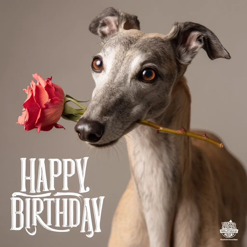 A Whippet dog gently holds a single red rose in its mouth.  The image is a birthday card design with the words "Happy Birthday" in elegant lettering superimposed on the background. The dog's expressive eyes and the delicate rose create a charming and heartwarming birthday greeting.  A small logo is present in the bottom right corner.
