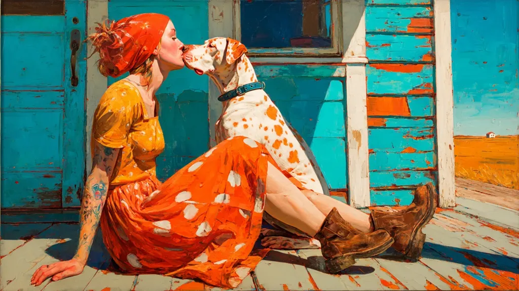 A vibrant painting depicts a young woman with tattoos and a red headscarf sitting on a weathered porch, kissing a Dalmatian. She wears a bright orange polka-dot dress and brown boots. The teal-painted porch and the sunlit, golden field in the background create a warm, nostalgic atmosphere.  The woman and dog share a tender moment against the backdrop of rustic charm.