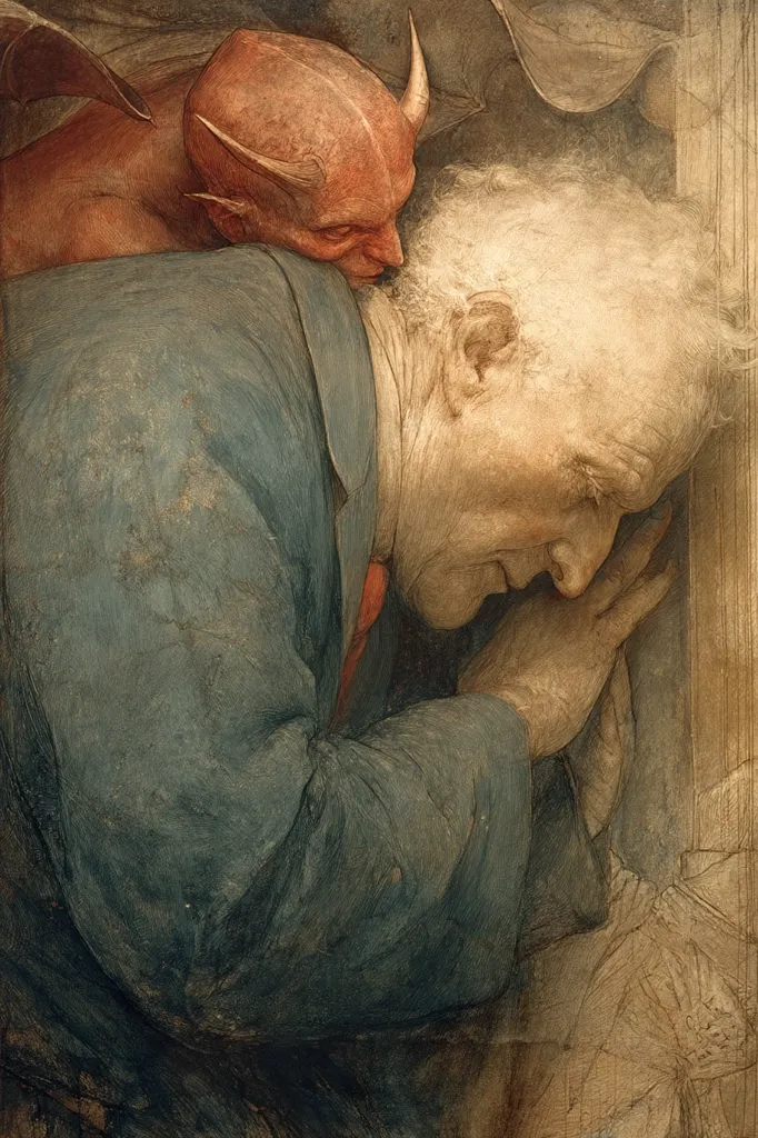 The artwork depicts an elderly man, his head bowed in prayer or contemplation, leaning against a wall or pillar.  A small, red devil with horns and wings rests on his shoulder, its proximity suggesting a temptation or spiritual struggle. The style is dark and brooding, with a textured, almost painterly effect, emphasizing the emotional weight of the scene. The man's posture and the devil's presence create a feeling of vulnerability and potential torment.