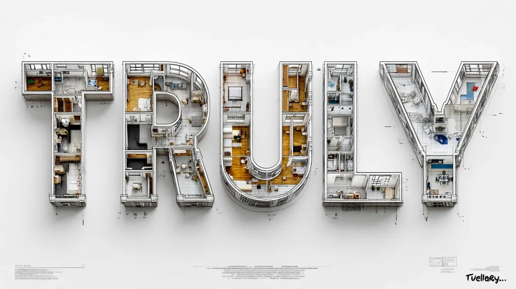 The word "TRULY" is depicted in a unique architectural style. Each letter is formed from a detailed floor plan of a different apartment or home, showcasing various rooms and furniture.  The image uses a clean, minimalist aesthetic with blueprint-like lines against a white background, suggesting a design or architectural concept. The overall effect is visually striking and creatively represents the word's meaning of authenticity or genuineness.
