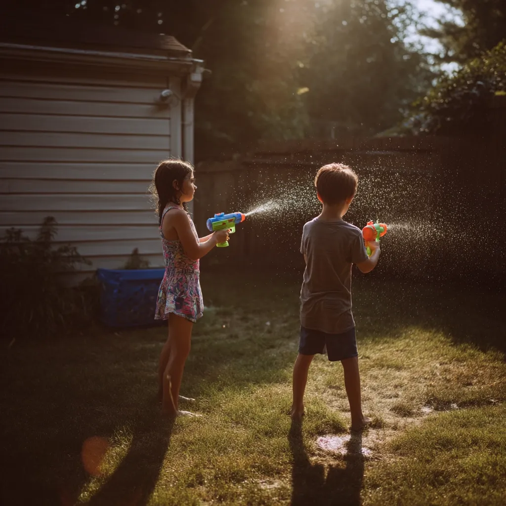Two children engage in a playful water fight in their backyard on a sunny afternoon.  A girl in a floral dress and a boy in a grey shirt wield water guns, spraying each other amidst a backdrop of lush green grass and a house. Sunlight streams through the trees, illuminating the scene as they enjoy a carefree summer moment.