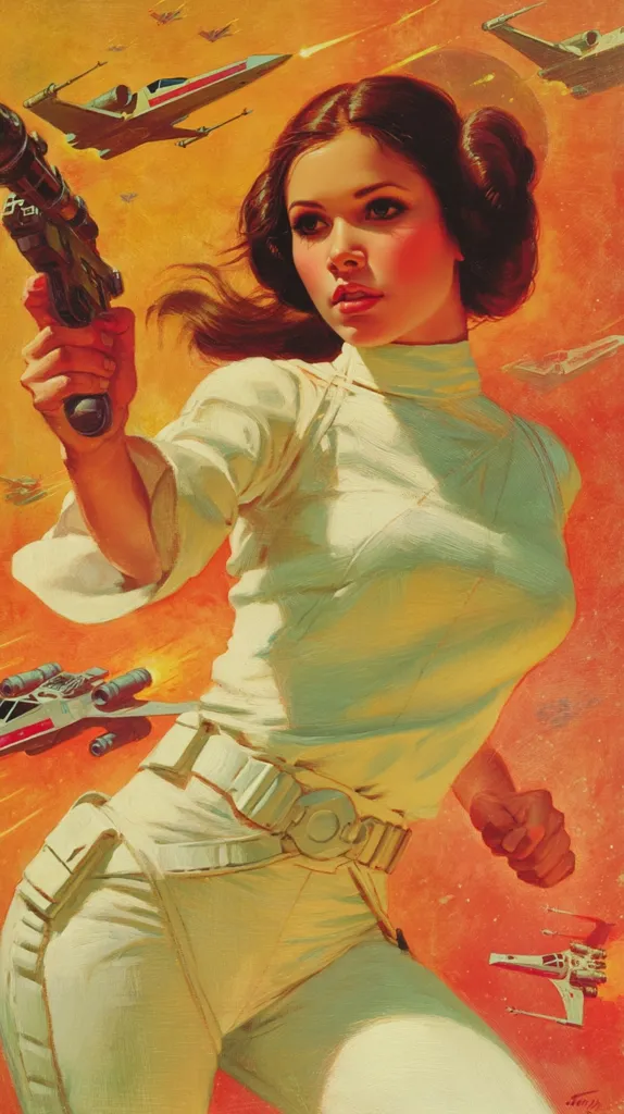 A stylized portrait of Princess Leia Organa, from Star Wars, depicted in action. She is wielding a blaster, amidst a backdrop of intense space combat featuring X-wing starfighters and TIE fighters.  The painting is vibrant, with a warm, orange-toned palette emphasizing the dramatic action and Leia's determined expression.  Her iconic hairstyle and white outfit are clearly visible.